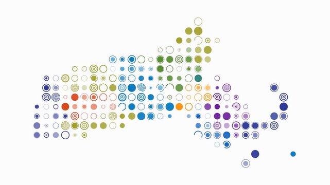 Massachusetts animated shape. Pulsating colored dots on the map of the state. Large size circle blocks. Digital style Massachusetts map on white background. Beautiful animation video.