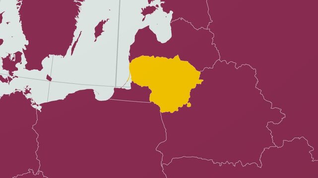 Lithuania map. Animated zoom into the country on the Globe in Pale Mint Dark Pink color palette. Country logo animation with round text and airplanes. Map with meridians, parallels. Alive video.