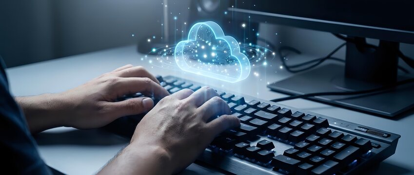 Hands typing on keyboard with glowing cloud computing hologram displaying network connections and data transfer for modern business technology solutions.