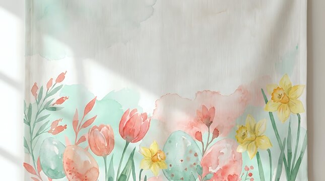 Watercolor spring flowers border on white fabric background with tulips daffodils and botanical elements for home decor textile design projects.