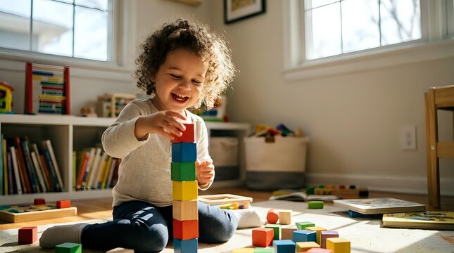 Happy mixed-race toddler girl playing with colorful wooden building blocks in bright playroom, developing motor skills and creativity through educational play.