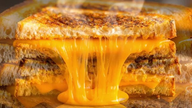 Hot grilled cheese sandwich with gooey melted cheddar cheese oozing on a wooden board