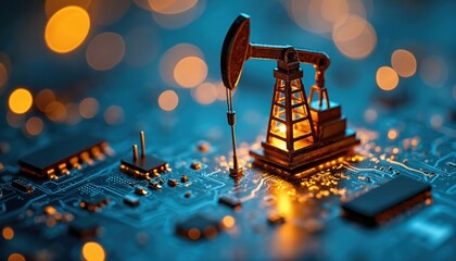 Plakat Mini oil rig pumpjack rests on computer circuit board. Digital tech meets fossil fuel industry. Clean energy transition concept. Future power extraction.
