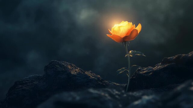A single glowing rose blossoms in a desolate, dark environment, illuminated from above
