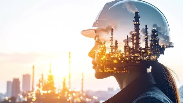 Industrial worker profile in hard hat with oil refinery double exposure at sunset