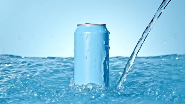 Light blue beverage can splashing in refreshing water on a blue background