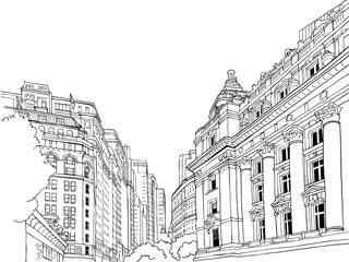 Obraz premium Manhattan, New York, USA. Urban sketch. Old street. Hand drawn background. Vector illustration. Line Art. Postcard style. Without people. 