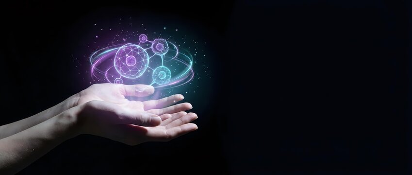 Digital transformation concept with glowing gears floating above open palm against dark background for business technology presentations.