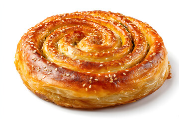 Fototapeta premium Golden Spiral Spanakopita Isolated on White Background Perfect for Food Photography and Culinary Arts