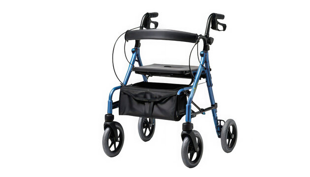 A blue walker with black accents and wheels against a black background