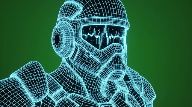 Wireframe rendering of a futuristic soldier helmet with sound equalizer on visor against green background