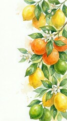Obraz premium Watercolor citrus fruits border with lemons, oranges and limes on branches with green leaves and white blossoms for kitchen decor and culinary designs.