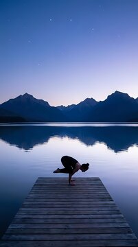 Woman practicing crow pose yoga on wooden dock at mountain lake during twilight with starry sky and calm water reflections for wellness and meditation.