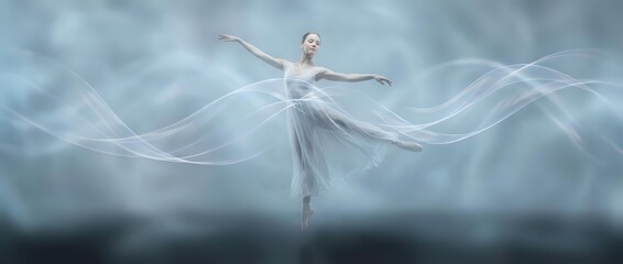 Ethereal ballet dancer in flowing white dress performs graceful pose with arms outstretched against dreamy cloudy background with flowing fabric elements.
