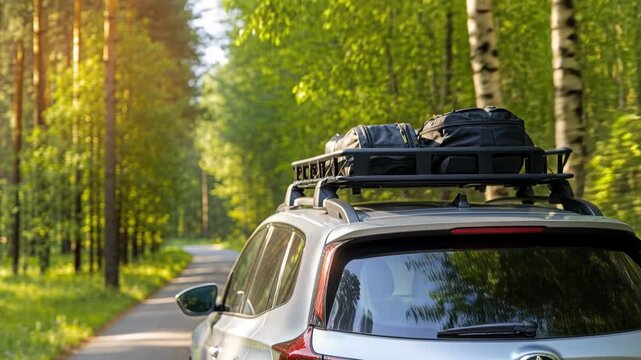 A silver SUV with roof luggage travels along a narrow road through a sunlit pine forest.