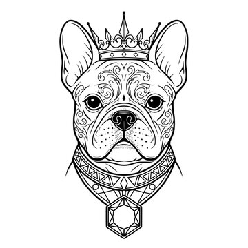 Royal French Bulldog Line Art Portrait with Crown and Ornate Mandala Patterns. Black and White Vector Illustration.
