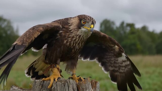Hawk perched on a wooden post with spread wings