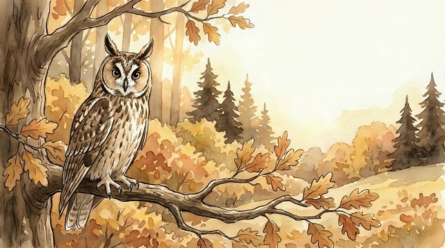 Watercolor owl perched on autumn tree branch in forest landscape with golden foliage and evergreen trees creating serene woodland scene for nature decor.