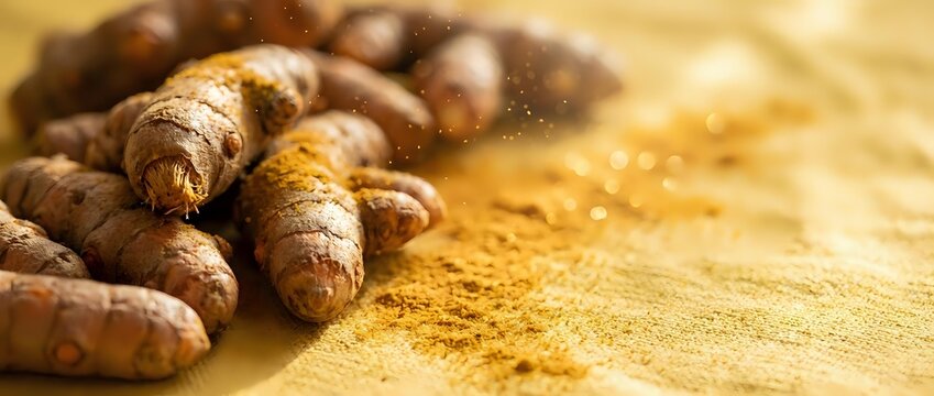 Fresh turmeric roots with golden powder spice on wooden surface for cooking, health supplements and natural medicine applications.