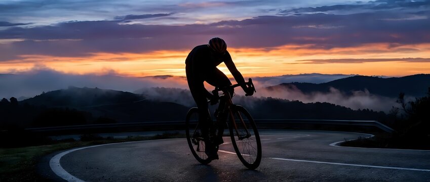 Male cyclist silhouette riding road bike at dramatic sunset with mountain landscape and winding asphalt road for sports and fitness content.
