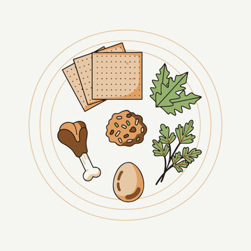 A modern flat illustration of a traditional Passover Seder plate with symbolic foods and matzah on an isolated background.