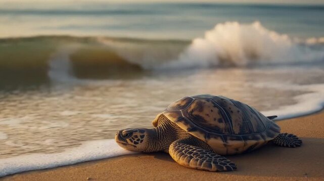 Sea Turtle Resting on Sandy Shore Near Ocean Waves