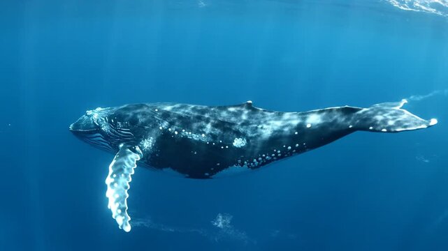 Humpback whale swimming underwater in ocean sunlight
