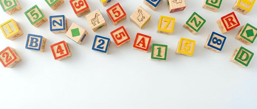 Colorful wooden alphabet blocks scattered on white background with letters and numbers for educational play and learning activities.