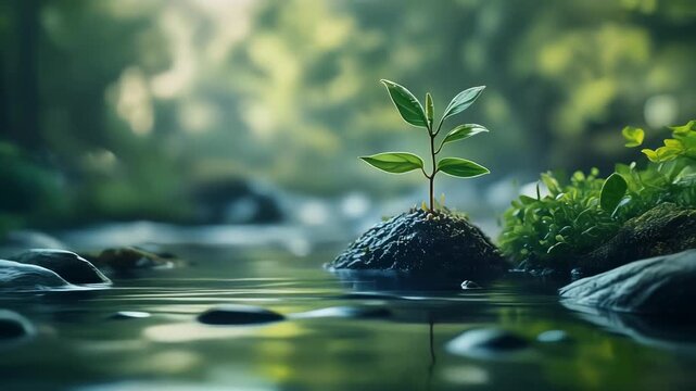 A small green plant sprouts from a dark, mossy island in calm water. Background is green and blurred