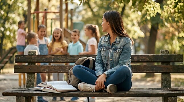 Young woman sitting alone on park bench with laptop while group of friends socializes in background, depicting social isolation and loneliness in digital age.
