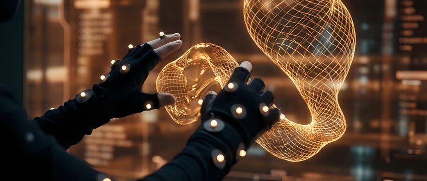 Futuristic robotic hand holding glowing golden Bitcoin cryptocurrency coin with digital wireframe effects in high-tech environment for fintech concepts.