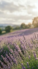 Obraz premium Lavender field in soft focus with purple flowers blooming in countryside landscape during golden hour sunset light creating peaceful agricultural scene.