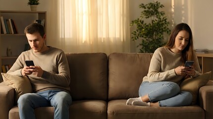 Obraz premium Young couple sitting apart on couch using smartphones, relationship problems, communication issues, social media addiction in modern living room.