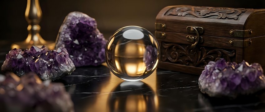Mystical fortune telling setup with crystal ball, amethyst geodes and ornate wooden chest on dark surface for divination and spiritual practices.