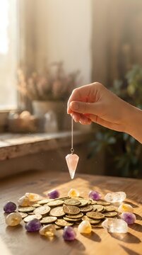 Hand holding rose quartz pendulum over golden coins and healing crystals for divination and spiritual guidance in warm sunlit room.