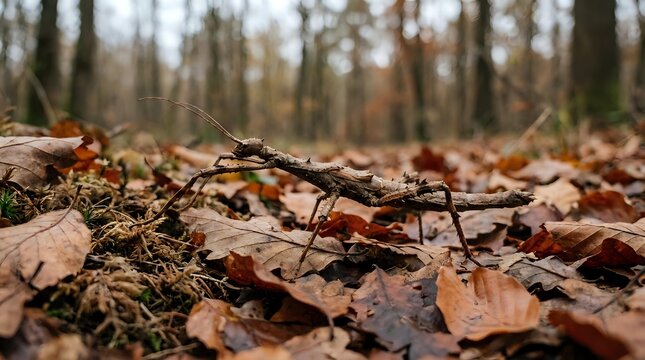 Forest floor covered with fallen autumn leaves and twigs creating natural woodland carpet in seasonal outdoor environment.