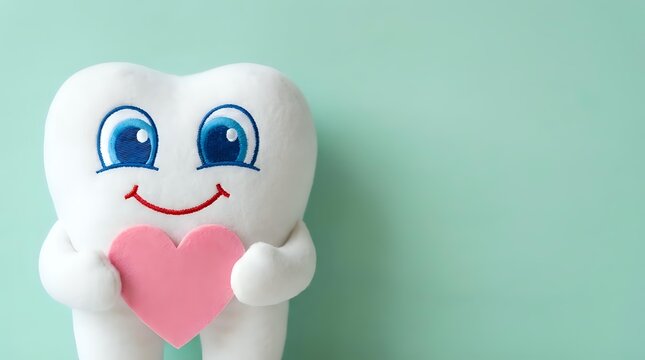 Cute white tooth mascot character holding pink heart on mint green background for dental care and oral health campaigns.