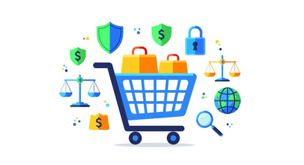 Colorful vector illustration of a shopping cart surrounded by icons representing online transaction security, consumer rights, and e-commerce on World Consumer Rights Day. © DIAHIMAGESNEW