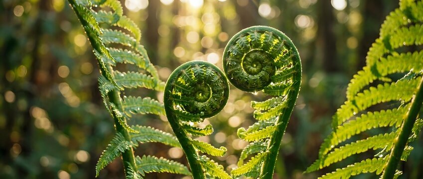Young fern fronds unfurling in sunlit forest with golden bokeh background. Fresh green fiddleheads emerging in spring woodland for nature and botanical designs.