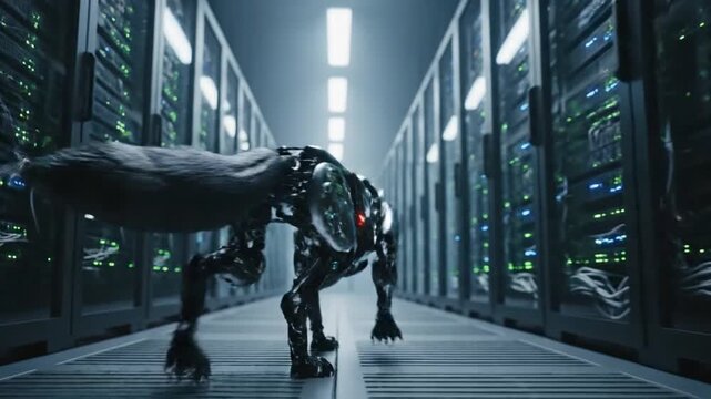 Robotic panther navigating through a futuristic data center with rows of server racks from a low angle viewpoint