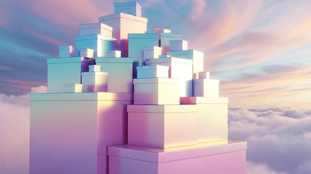 Abstract stack of pastel-colored boxes ascending into a dreamy sky above clouds at dawn or dusk