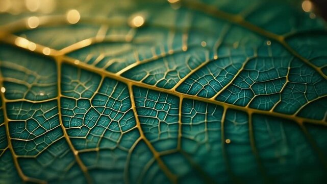 Extreme close-up view of a vibrant green leaf's intricate vein structure with golden highlights in a natural setting