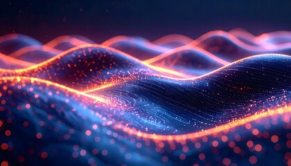 Futuristic technology background with flowing waves and neon lights in a digital landscape viewed from a futuristic viewpoint