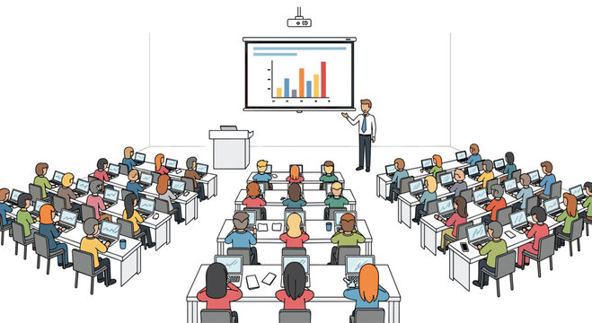 A male presenter stands at a podium, gesturing towards a bar chart on a screen, with many students on laptops.