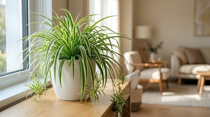 Fototapeta premium Spider plant in white pot on wooden windowsill with natural light streaming through window in modern living room interior with beige furniture.