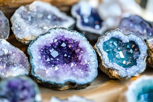 Natural amethyst and agate geode crystals with purple and blue formations displayed on wooden surface for healing and decoration.