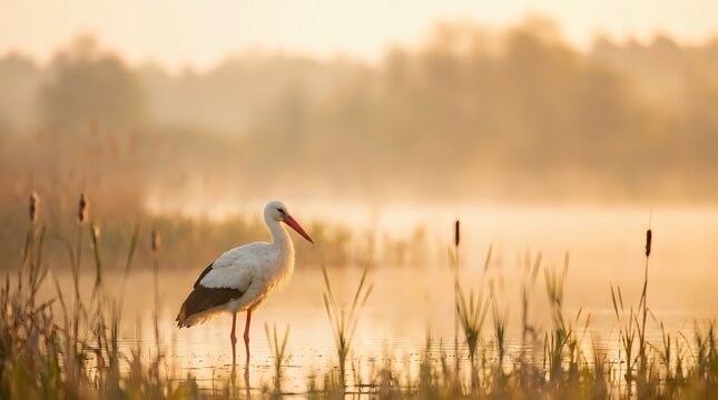 White stork standing in shallow water among reeds during golden hour sunrise, creating peaceful wetland scene with warm atmospheric lighting and misty background.