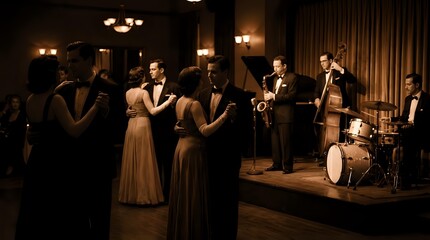 Fototapeta premium Elegant couples dancing to live jazz band performance in vintage speakeasy club with warm atmospheric lighting and classic 1920s ambiance.