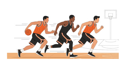 Obraz premium Basketball players running on court, fast break, sports action, competitive game