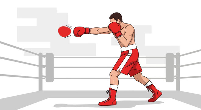 Boxer training in red shorts and gloves, punching in a boxing ring with ropes